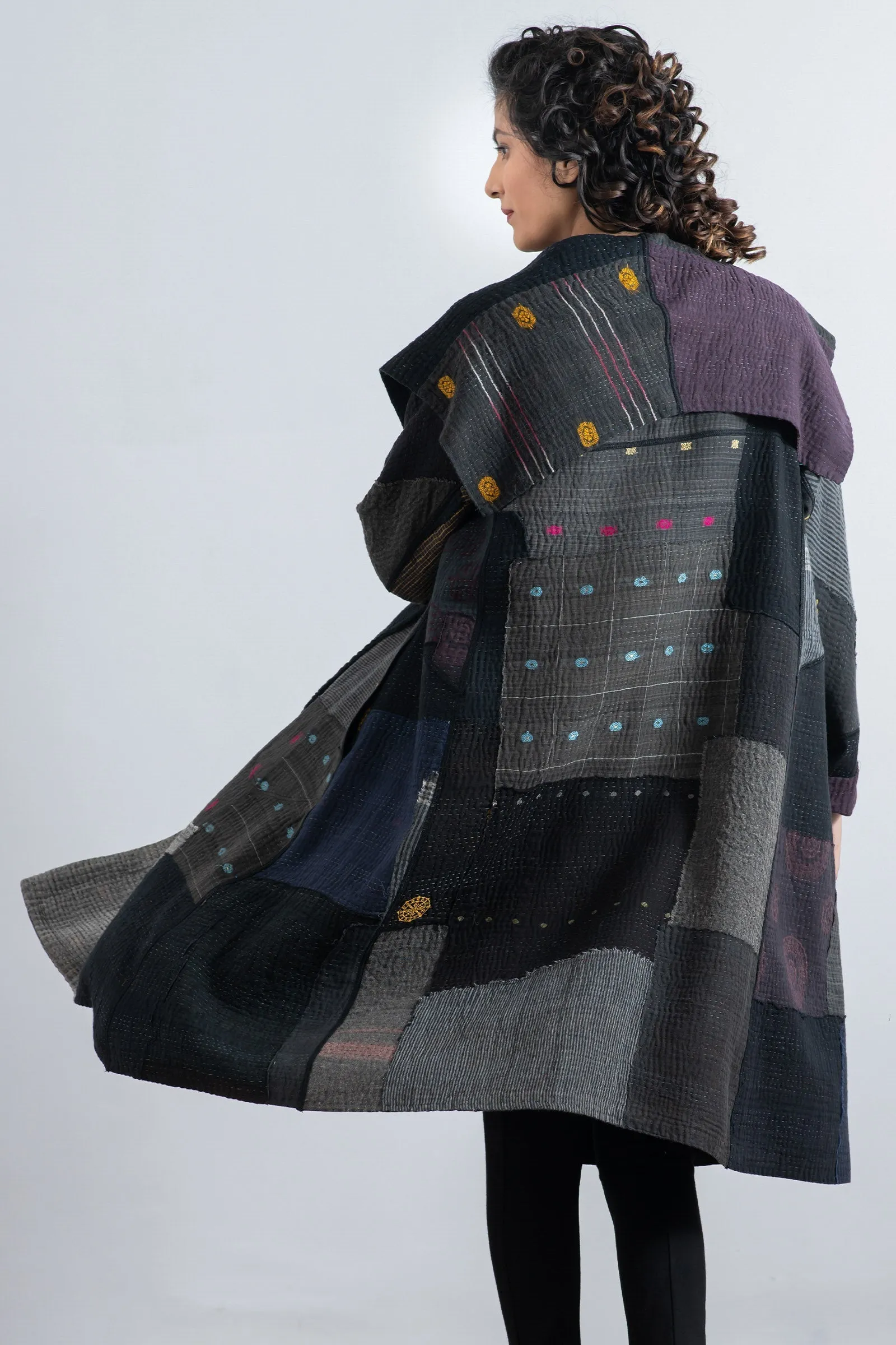 FRAYED PATCH MIX KANTHA A-LINE COAT - fm4309-blk -