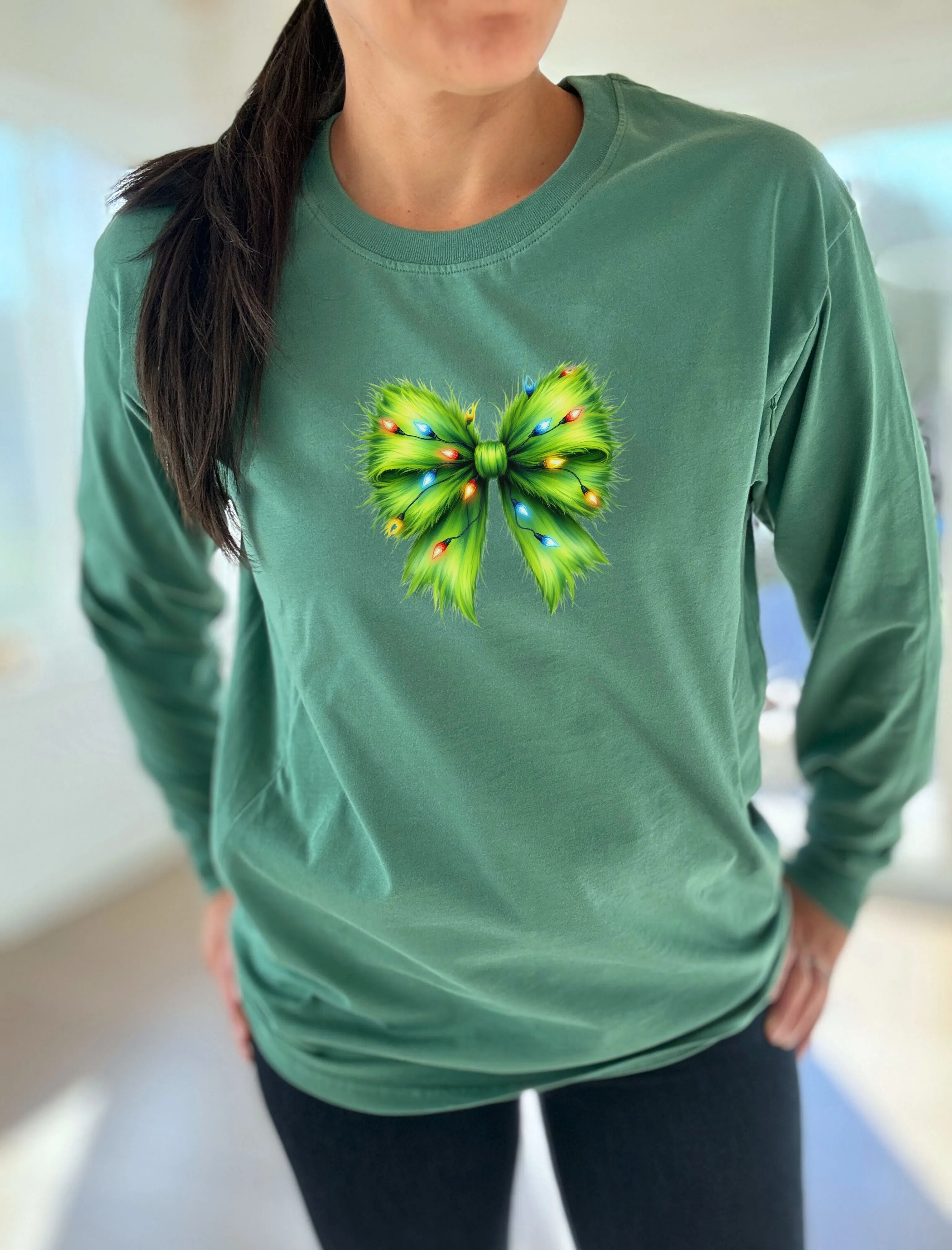 Fuzzy Christmas Bow Long Sleeve Comfort Tee