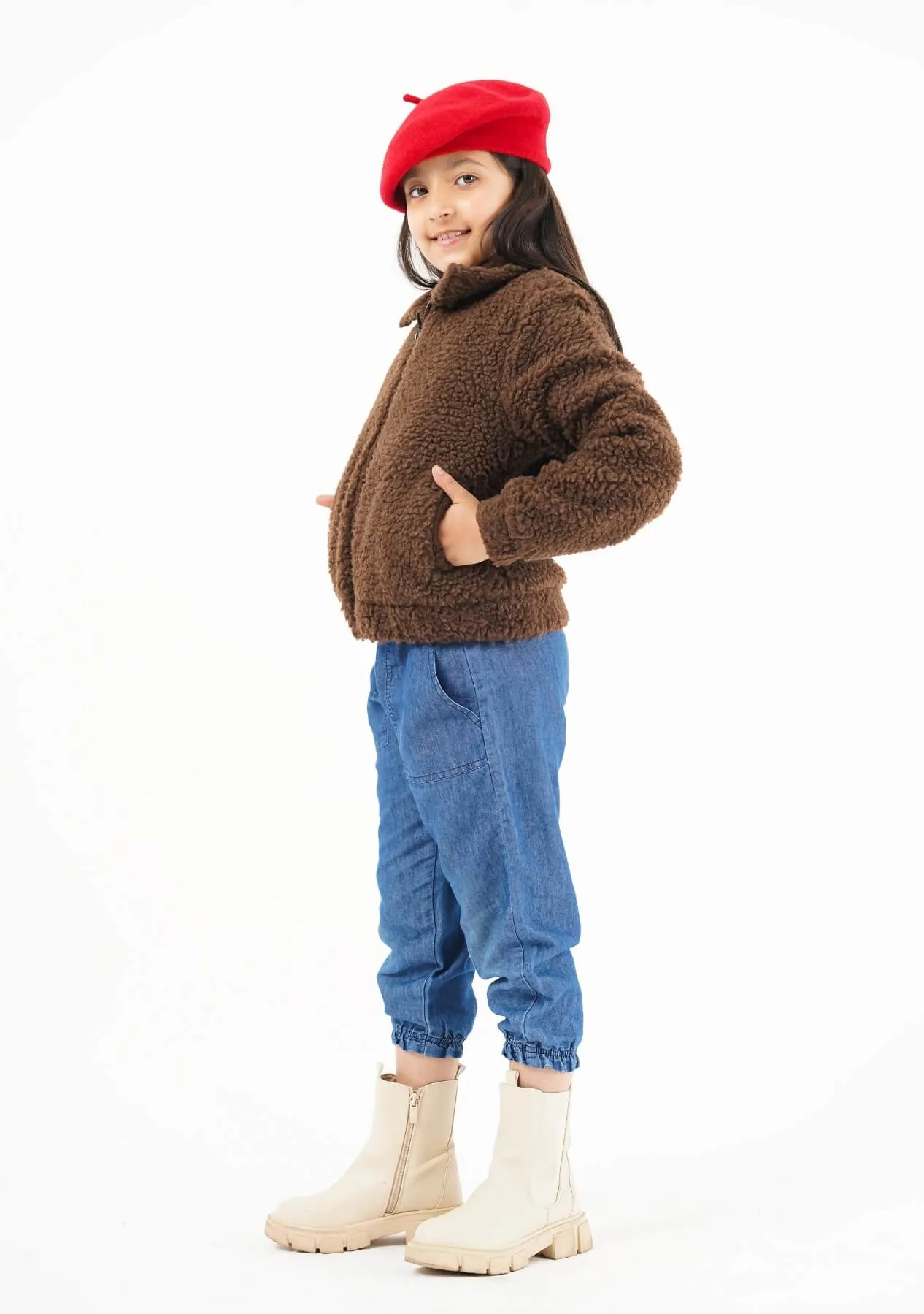 Girls Teddy Faux Fur Bomber Jacket - chocolate brown