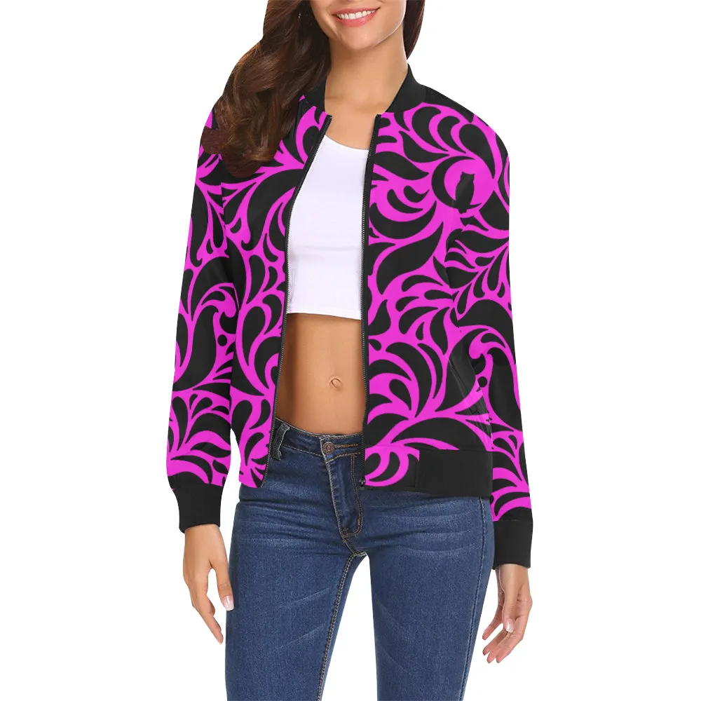 GORGIOUS LEAF PINKISH All Over Print Bomber Jacket for Women