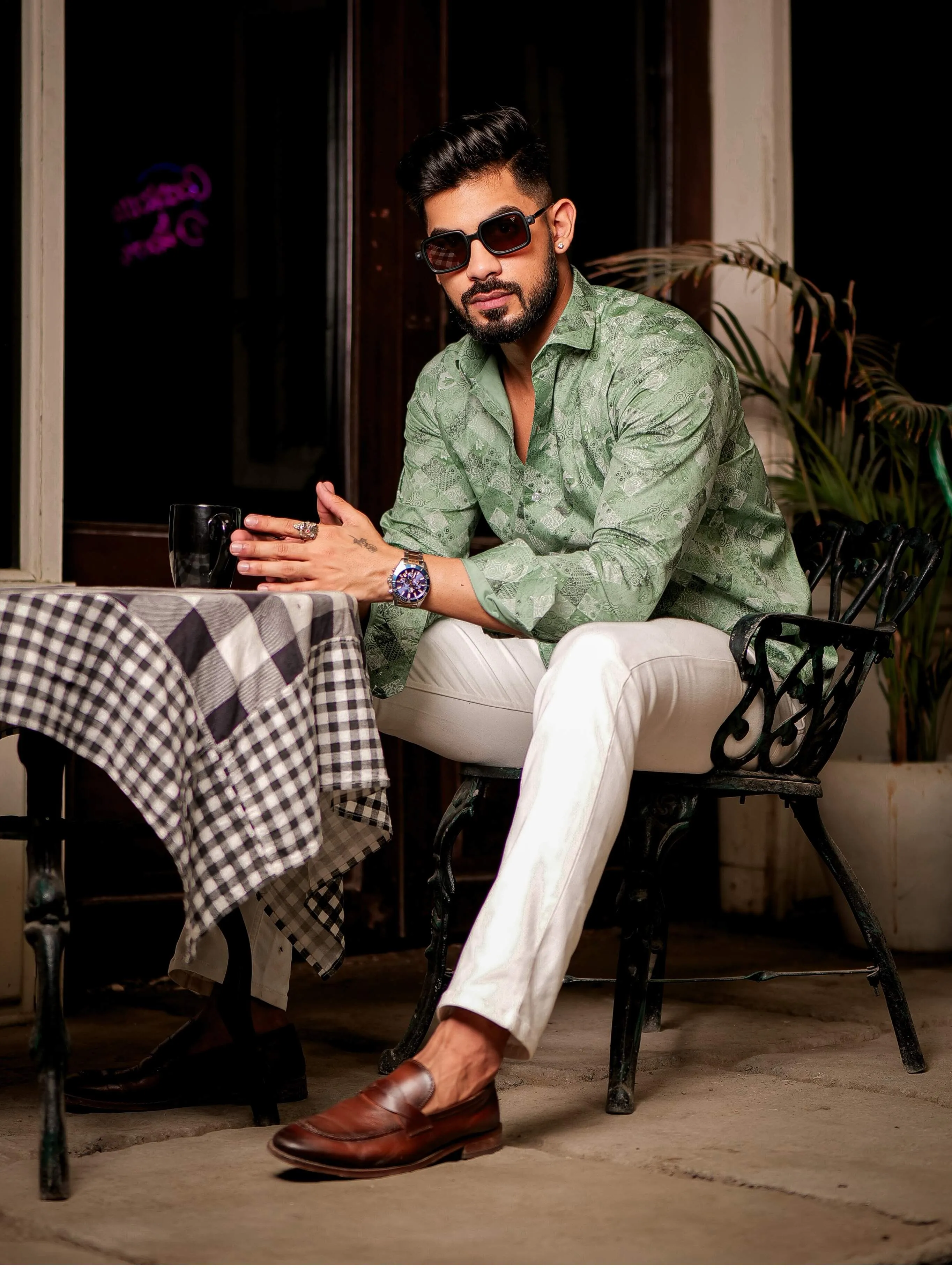 Green Printed Giza Satin Shirts for Mens