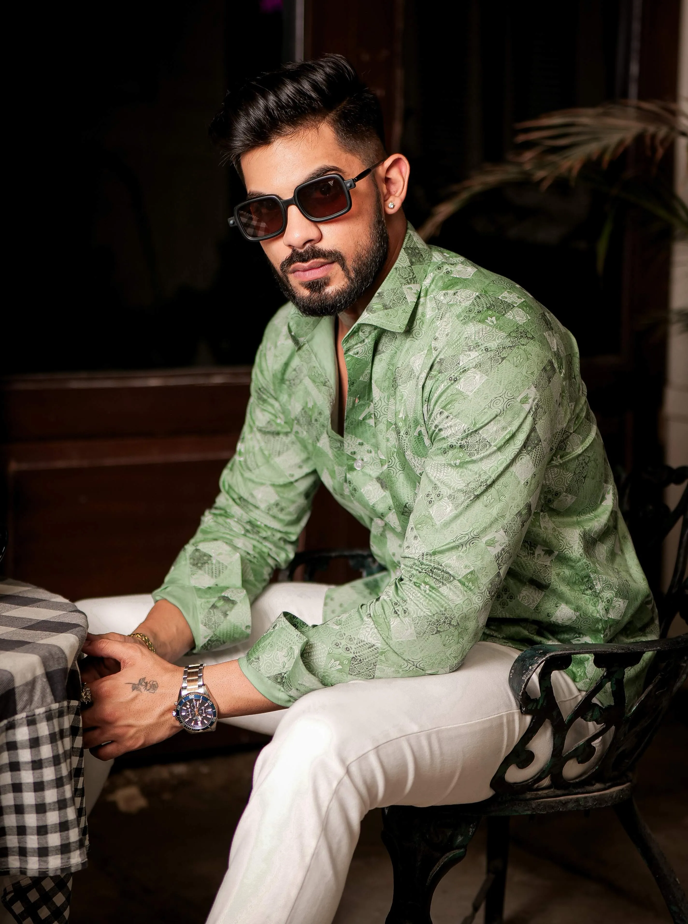 Green Printed Giza Satin Shirts for Mens