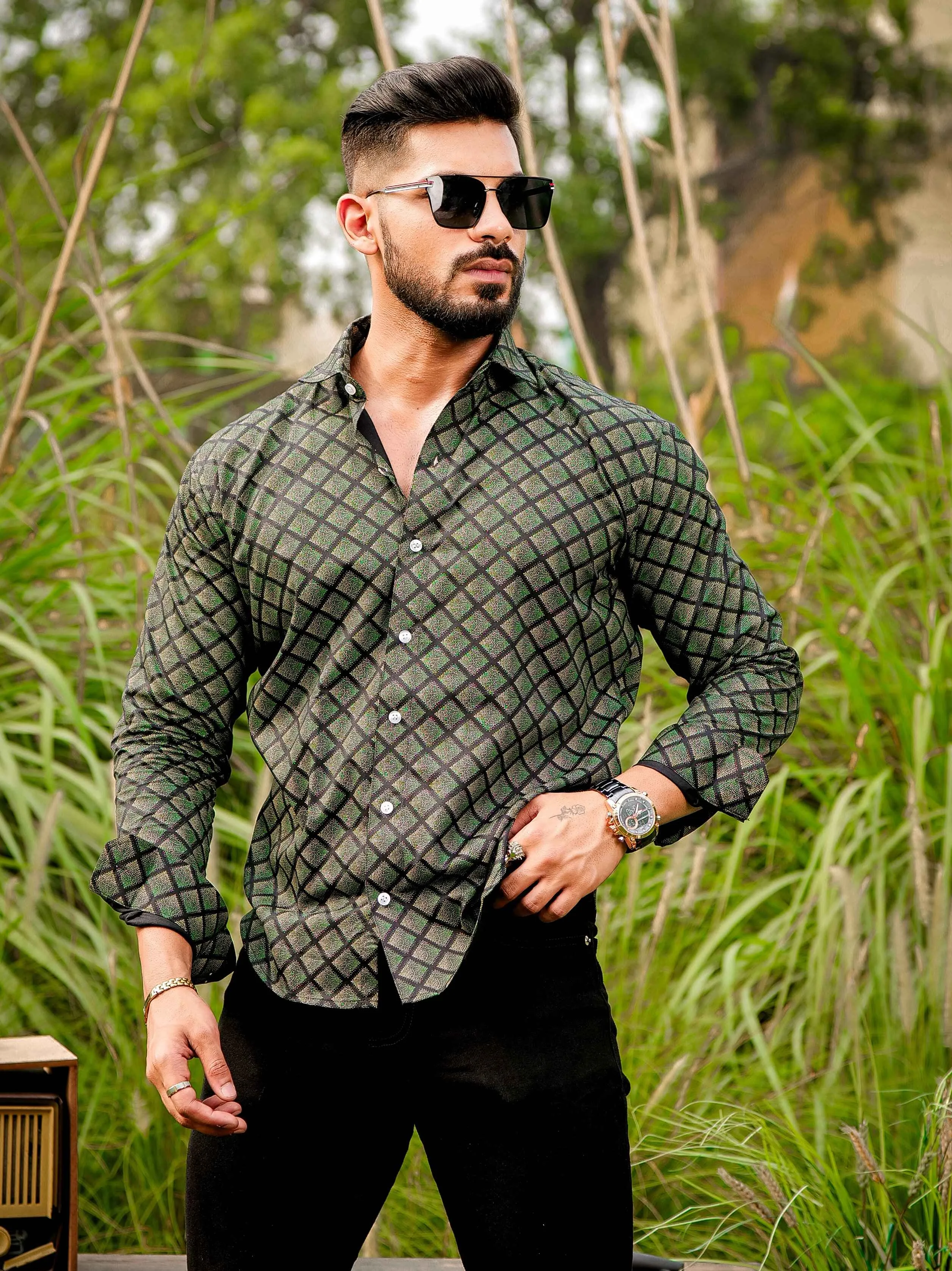 Green Satin Print Premium Shirt