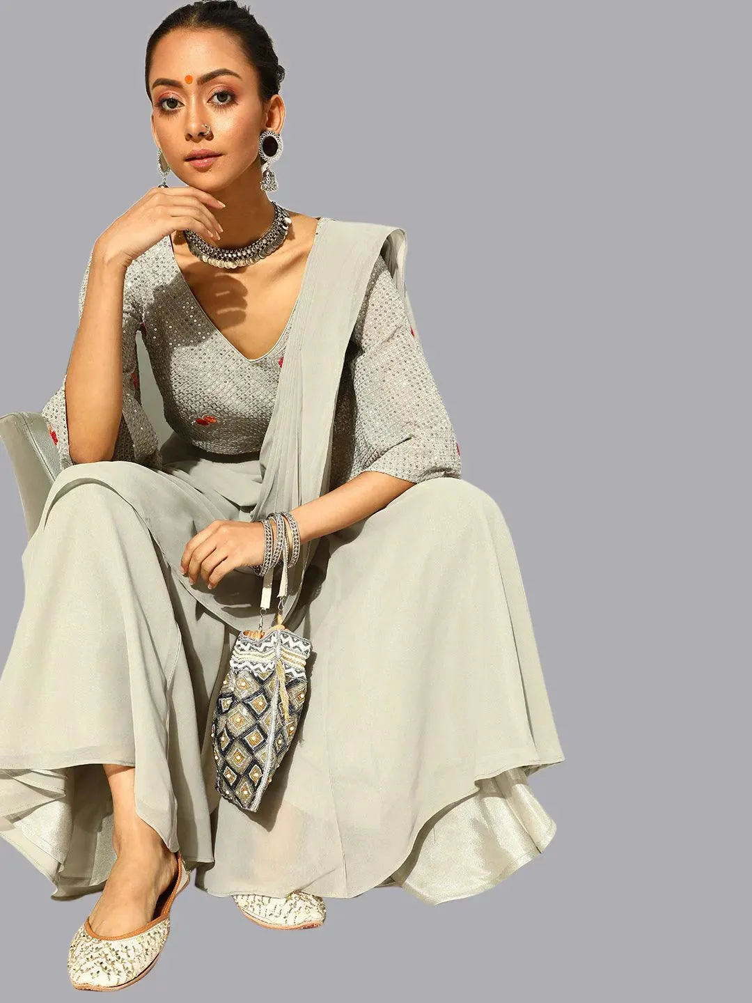 Grey Georgette Palazzo Saree