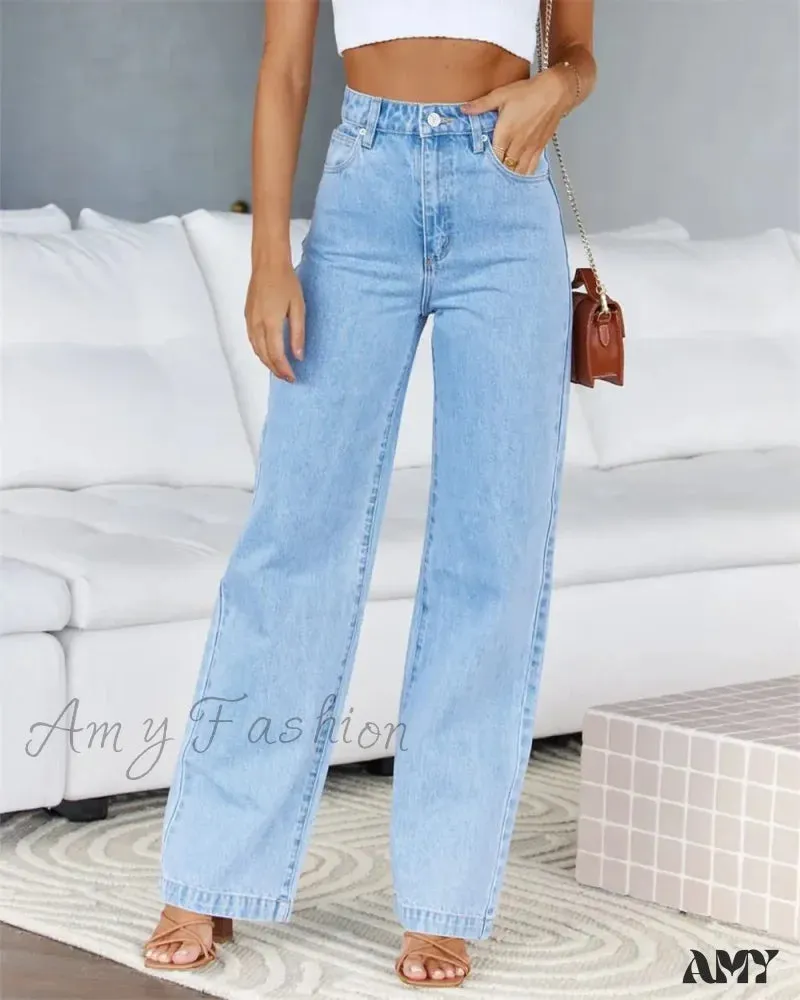 High Waist Loose Fit Wide Leg Button Basics Solid Color Denim Casual Pockets Jean