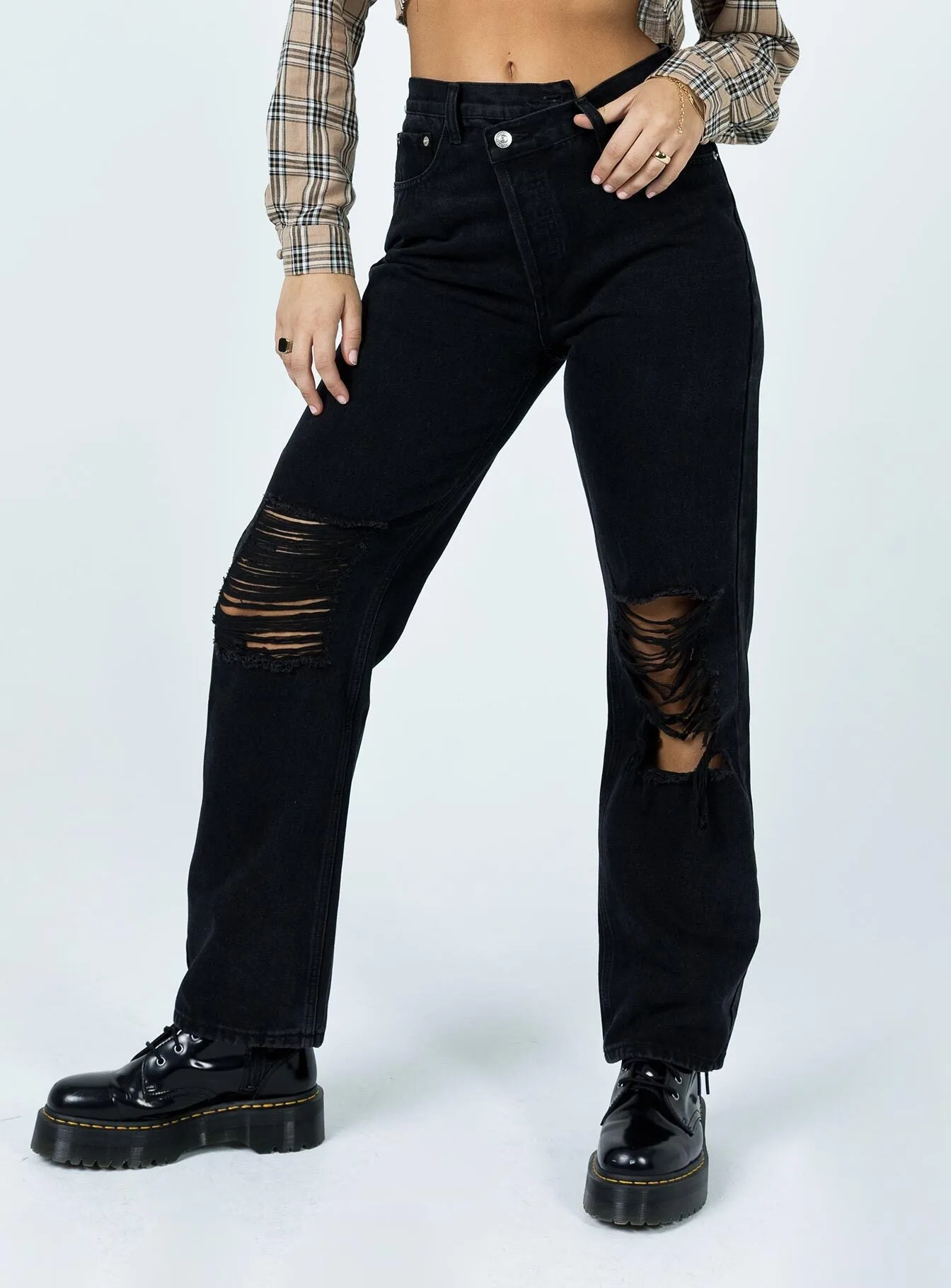 Holly Asymmetric Ripped Leg Jeans Black Denim