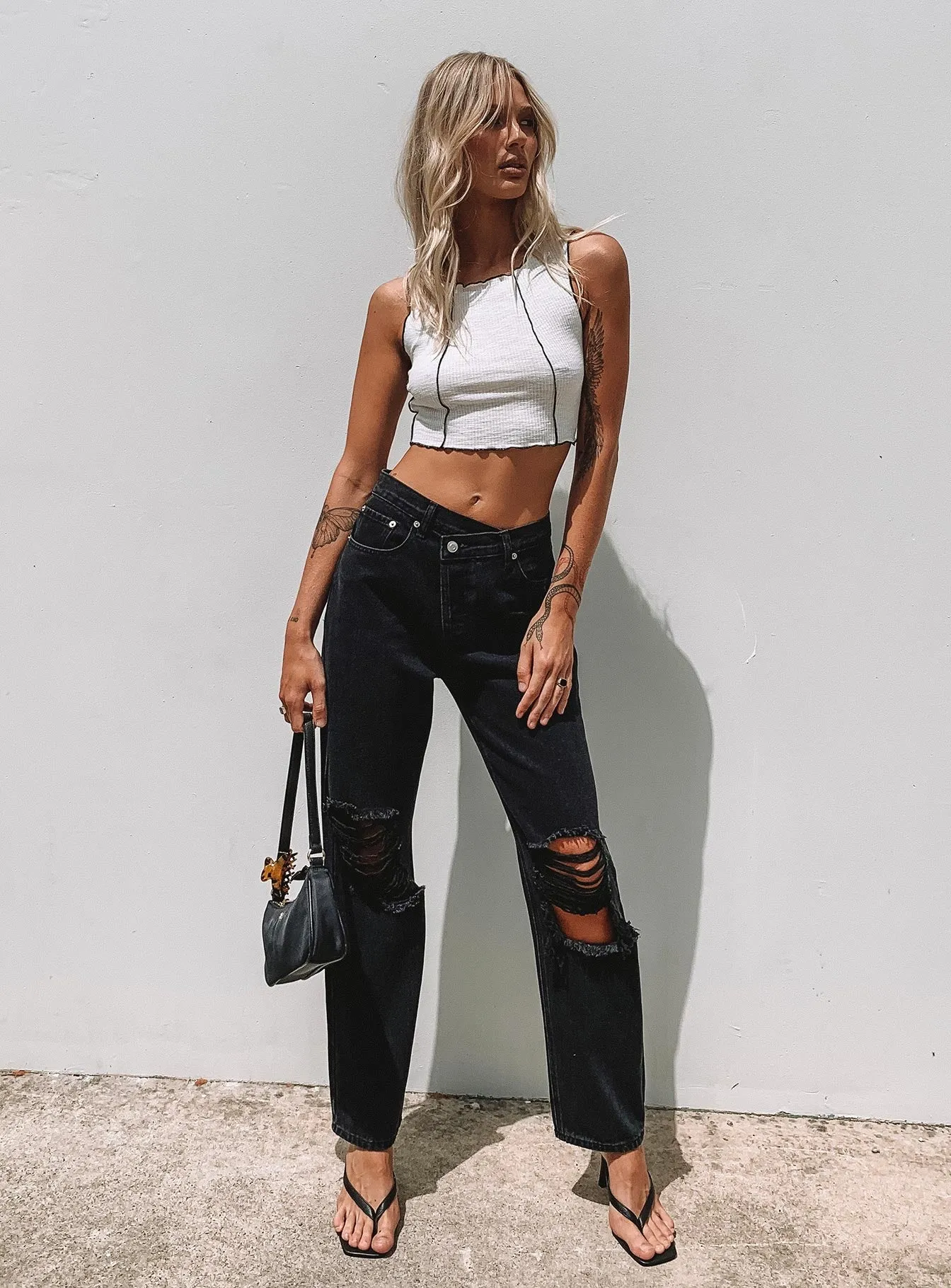 Holly Asymmetric Ripped Leg Jeans Black Denim