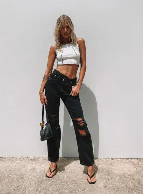 Holly Asymmetric Ripped Leg Jeans Black Denim