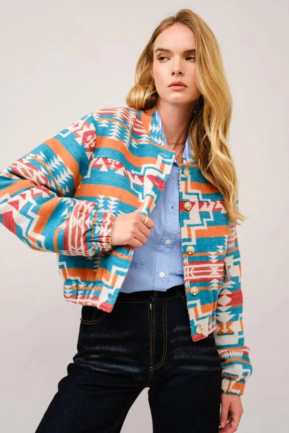 Jacquard Aztec Snap Up Bomber Jacket TEAL