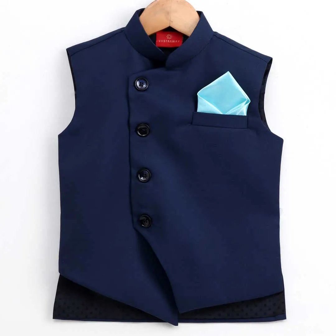 Jashvi Boy's Blue Cotton Blend Twill Nehru Jacket