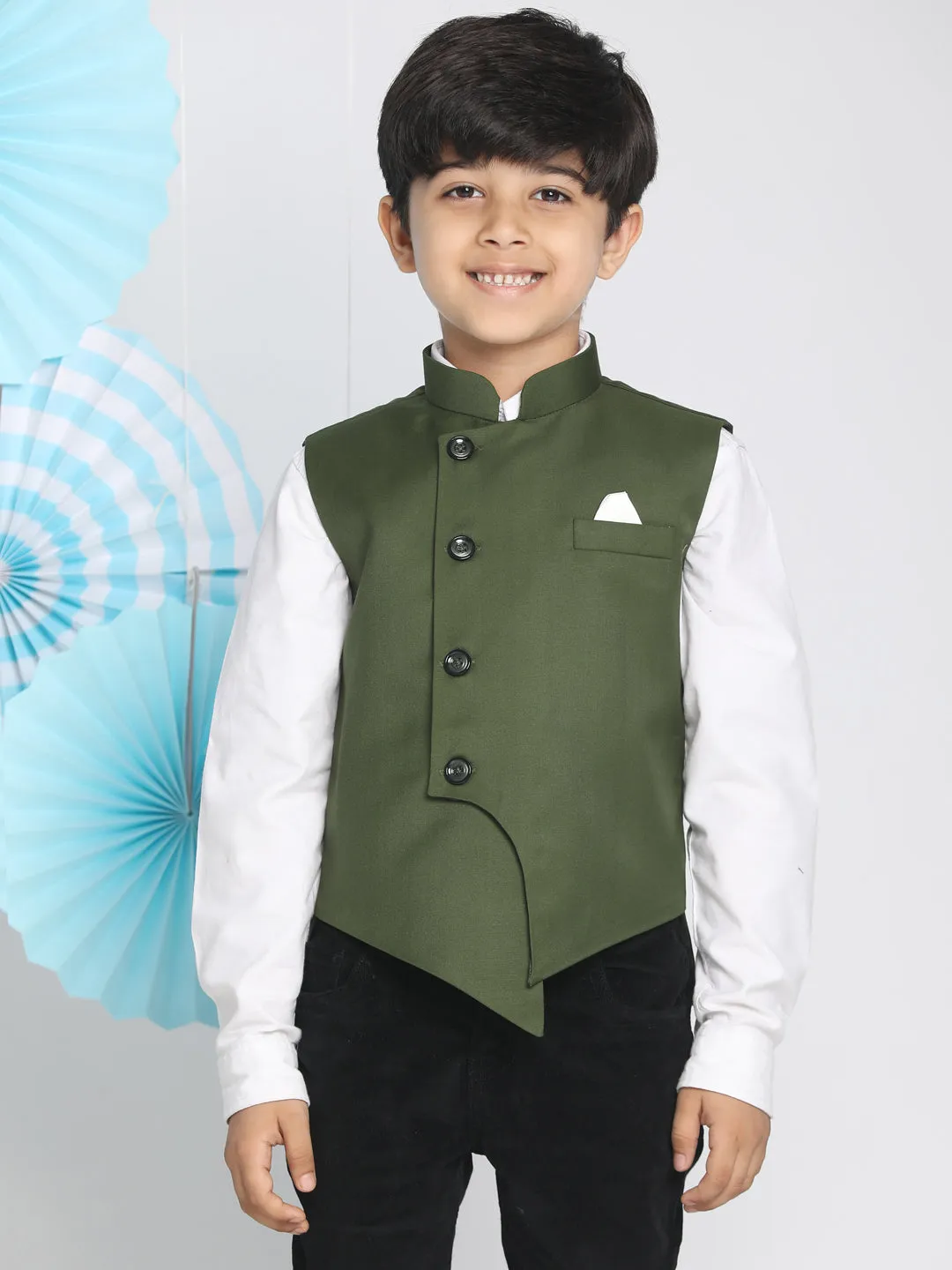 Jashvi Boy's Dark Green Cotton Blend Twill Nehru Jacket