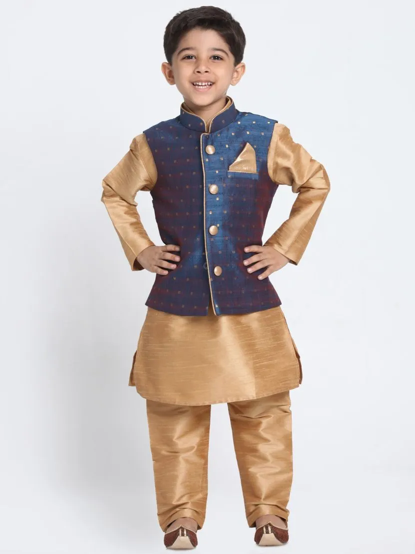 Jashvi Boys Deep Blue Cotton Silk Blend Nehru Jacket