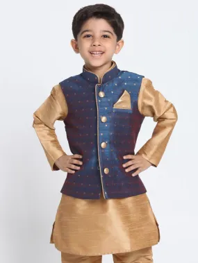 Jashvi Boys Deep Blue Cotton Silk Blend Nehru Jacket