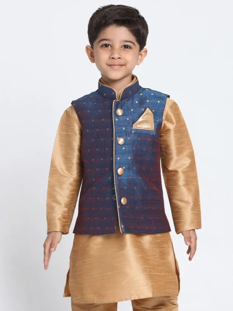 Jashvi Boys Deep Blue Cotton Silk Blend Nehru Jacket