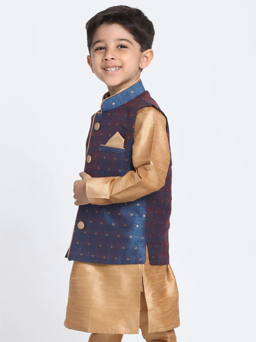 Jashvi Boys Deep Blue Cotton Silk Blend Nehru Jacket