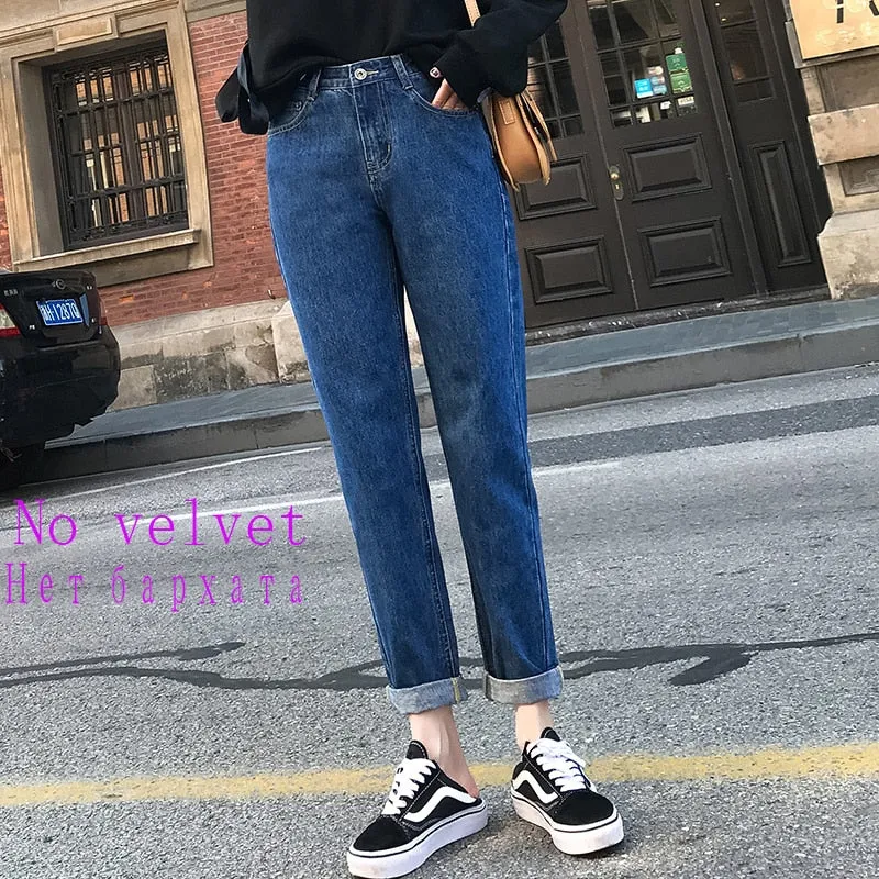 Joskaa Back to College Fleece Jeans Woman High Waist Harem Pants Street Style Velvet Black Blue Beige Fashion Autumn Winter 2024 New Thicken Bottoms