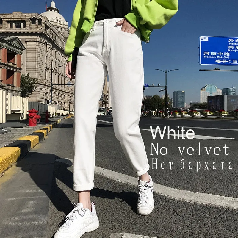 Joskaa Back to College Fleece Jeans Woman High Waist Harem Pants Street Style Velvet Black Blue Beige Fashion Autumn Winter 2024 New Thicken Bottoms