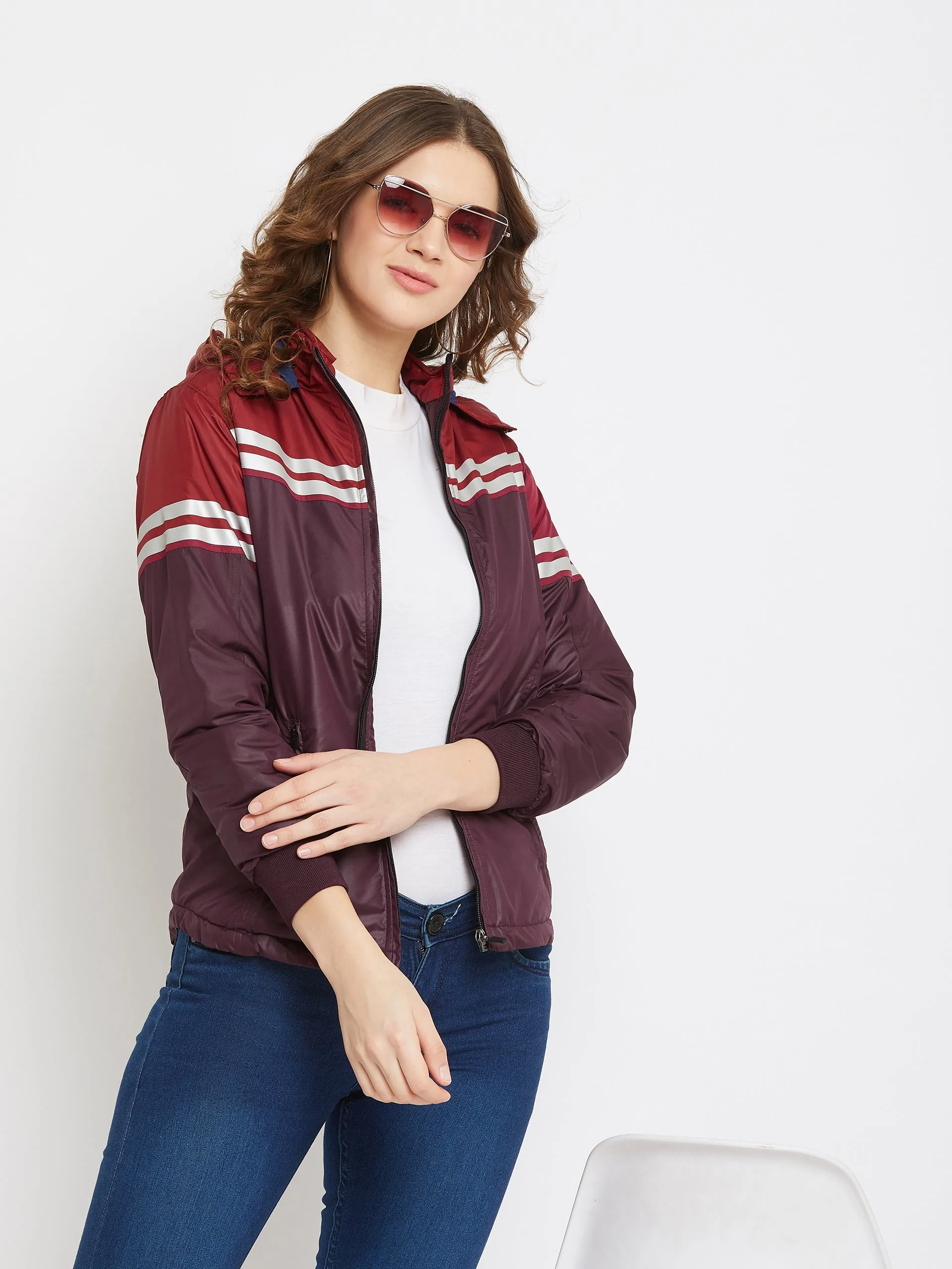 JUMP USA Women Maroon Colourblocked Bomber Jacket