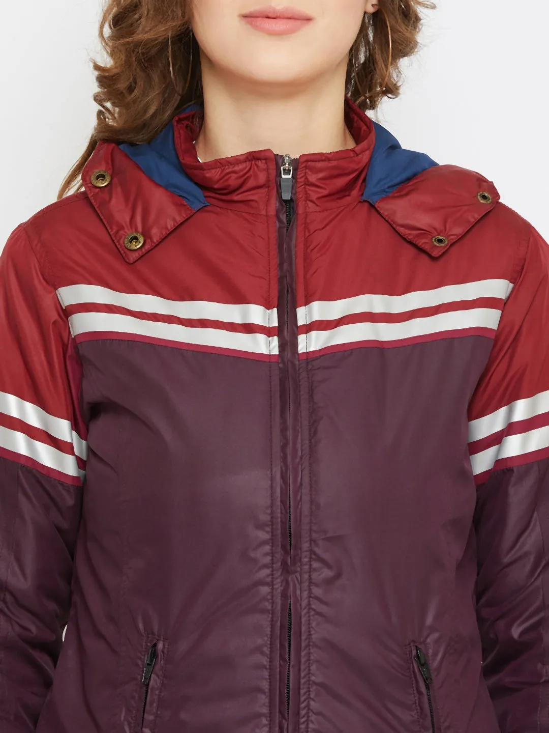 JUMP USA Women Maroon Colourblocked Bomber Jacket