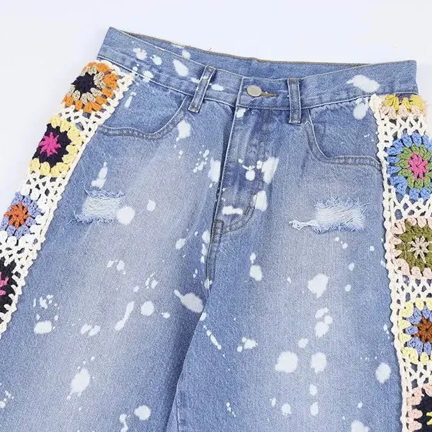 Knitted Flower Ripped Jeans