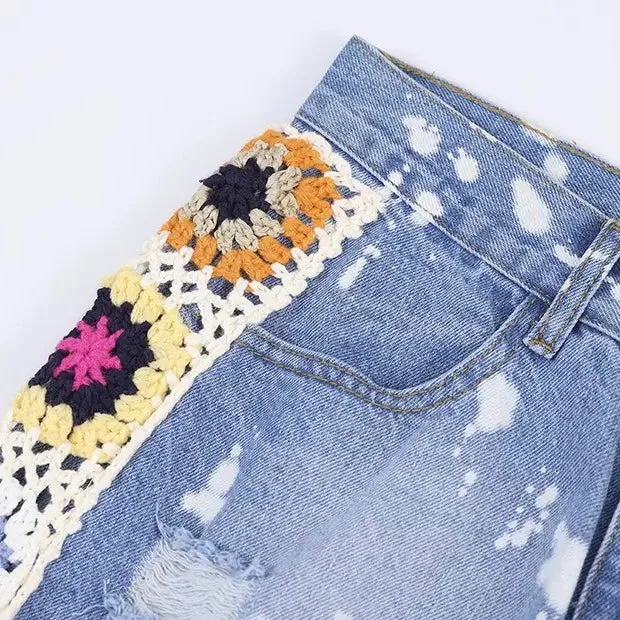 Knitted Flower Ripped Jeans