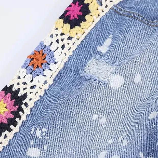 Knitted Flower Ripped Jeans