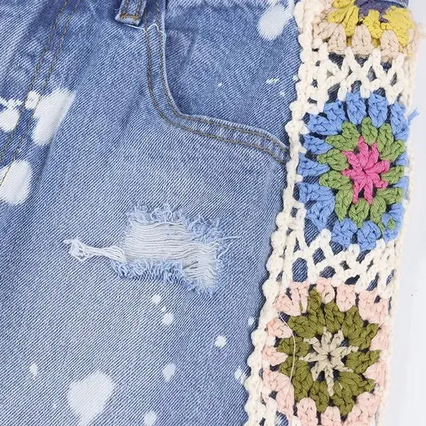 Knitted Flower Ripped Jeans