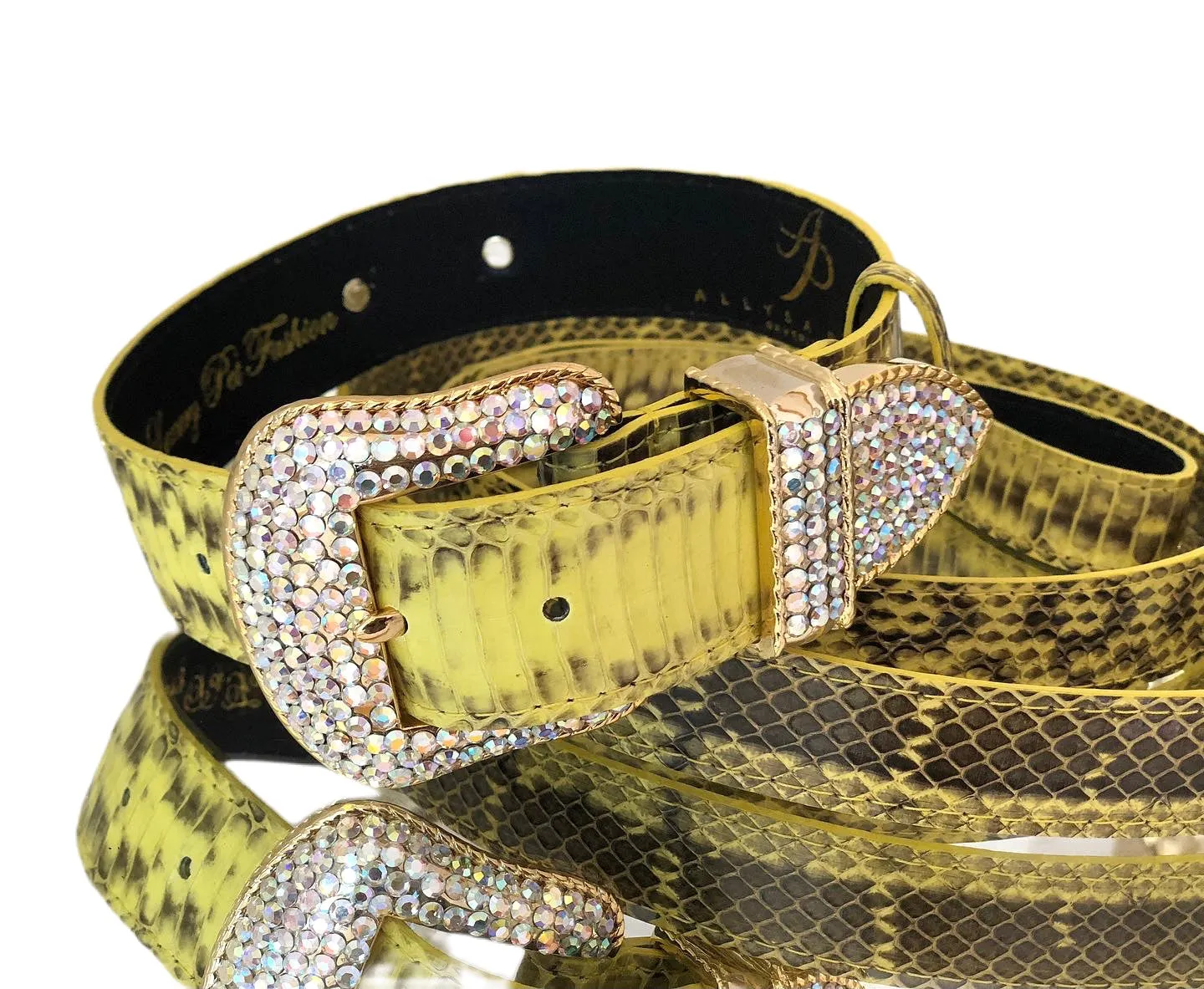 Luxury Pet Fashion Soft Yellow & Black Snakeskin Collar & Leash Set With Our Swarovski Crystal Hardware.