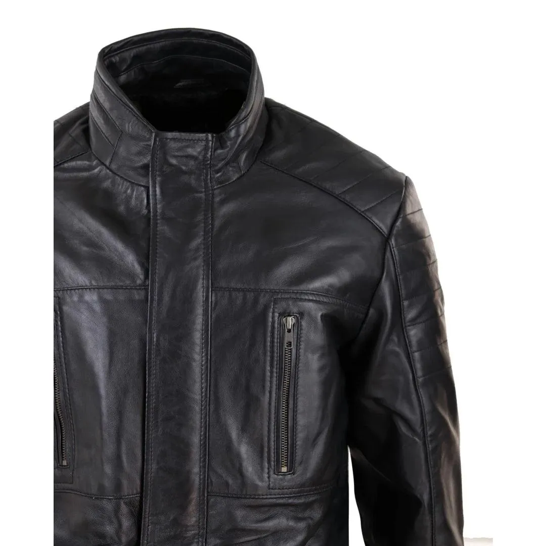 Mens 3/4 Real Leather Jacket Safari Black Brown Zipped Winter Shooting