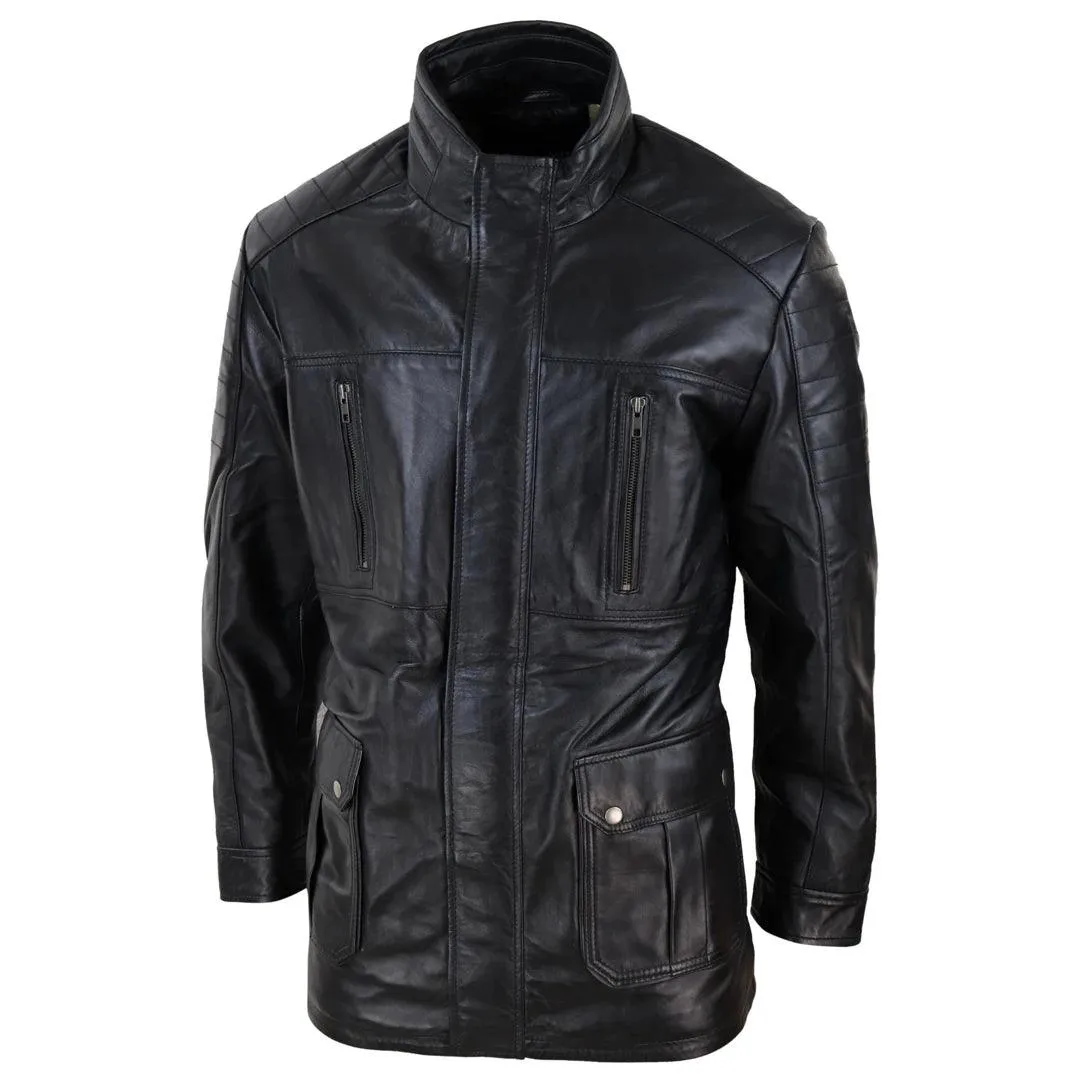 Mens 3/4 Real Leather Jacket Safari Black Brown Zipped Winter Shooting