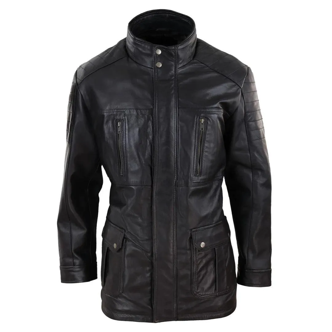 Mens 3/4 Real Leather Jacket Safari Black Brown Zipped Winter Shooting