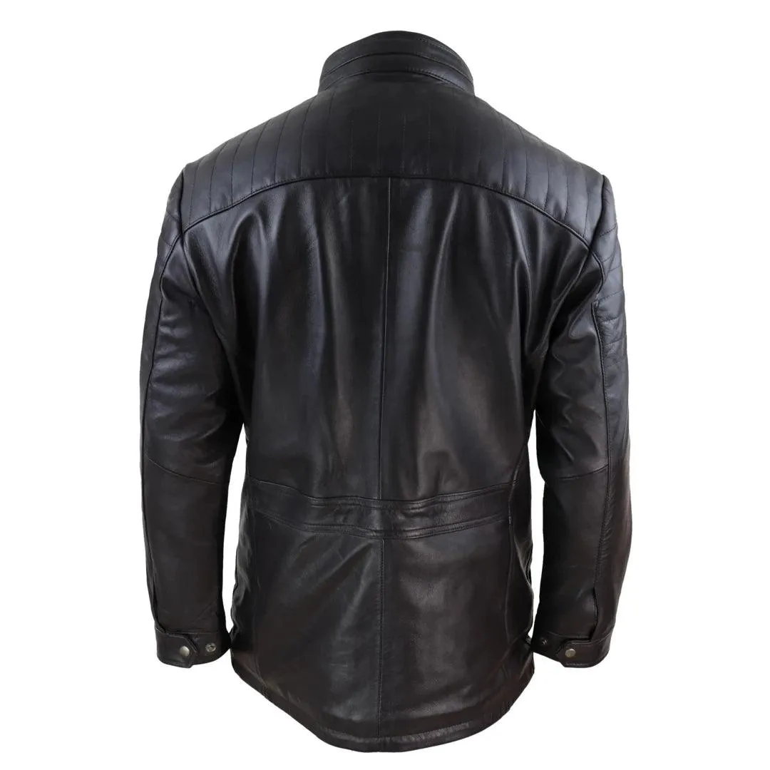 Mens 3/4 Real Leather Jacket Safari Black Brown Zipped Winter Shooting