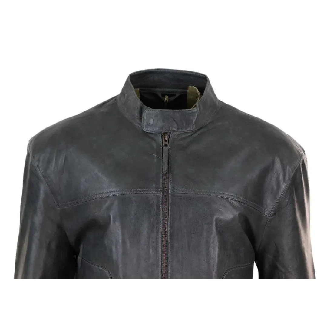 Mens Classic Casual Genuine Leather Biker Style Jacket Collarless Retro