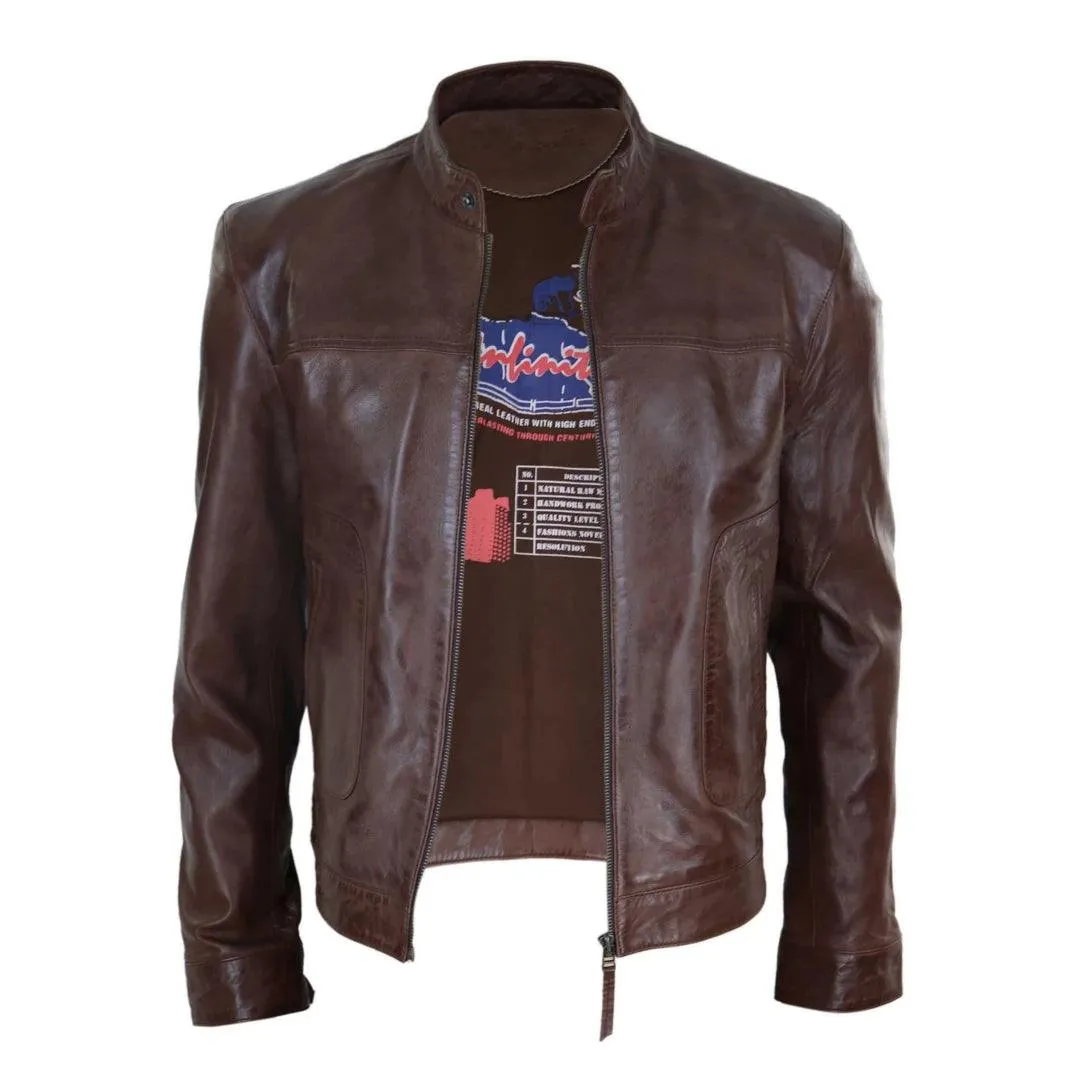 Mens Classic Casual Genuine Leather Biker Style Jacket Collarless Retro