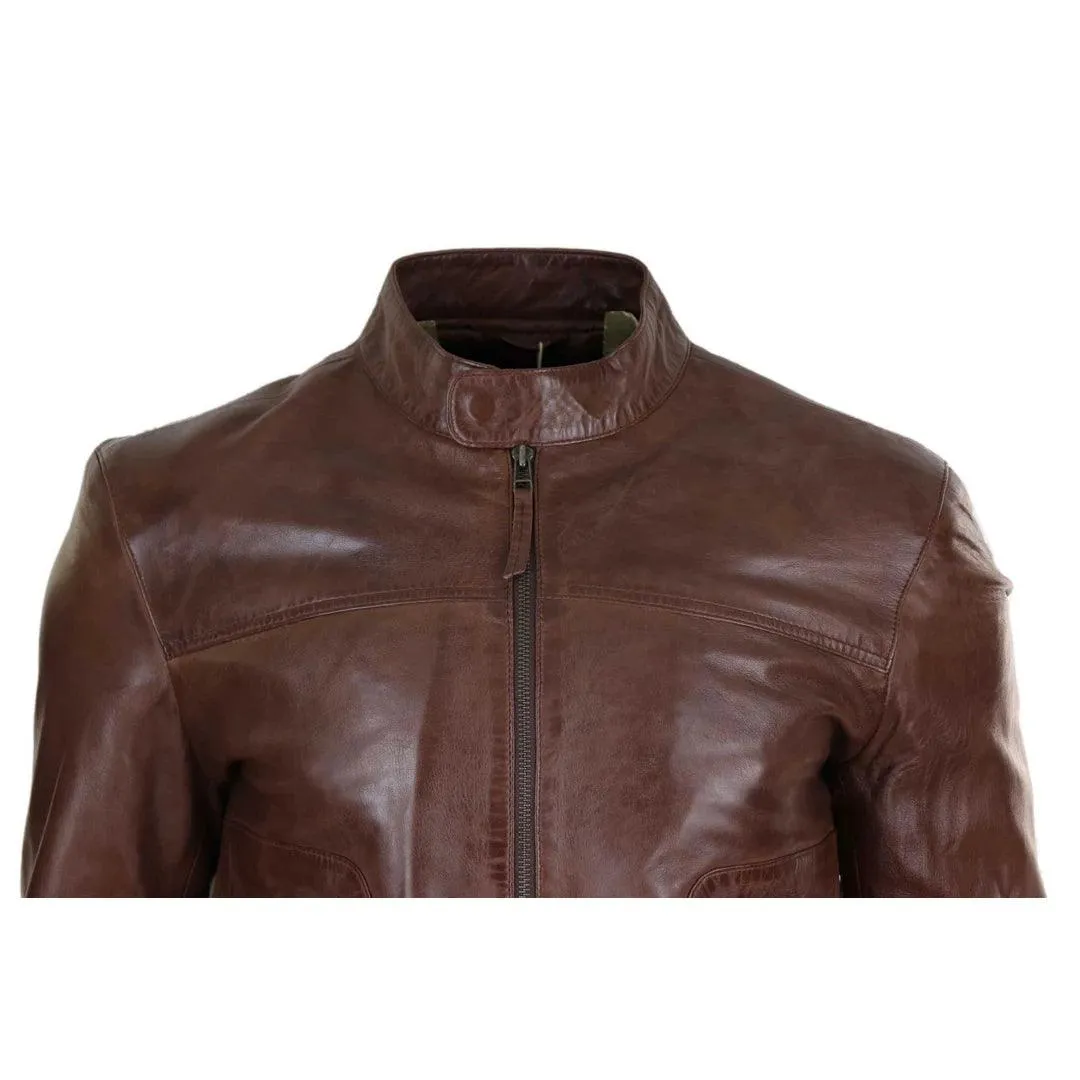 Mens Classic Casual Genuine Leather Biker Style Jacket Collarless Retro