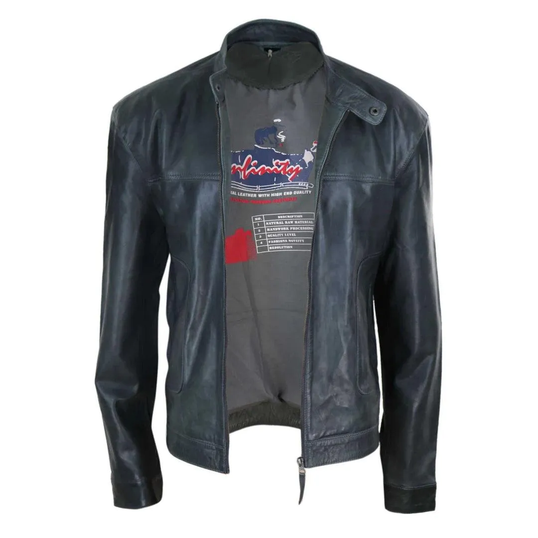 Mens Classic Casual Genuine Leather Biker Style Jacket Collarless Retro