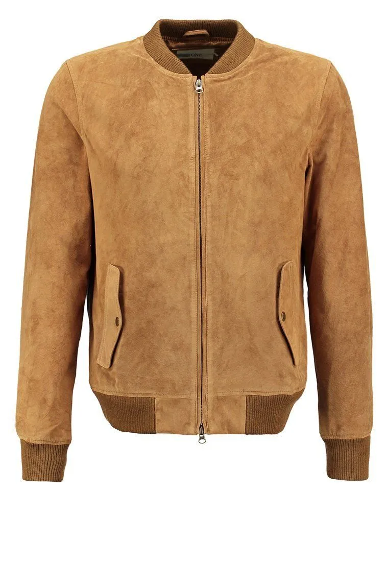 Men's TAN Suede Leather Jacket Slim fit Biker Motorcycle Bomber Casual Jacket