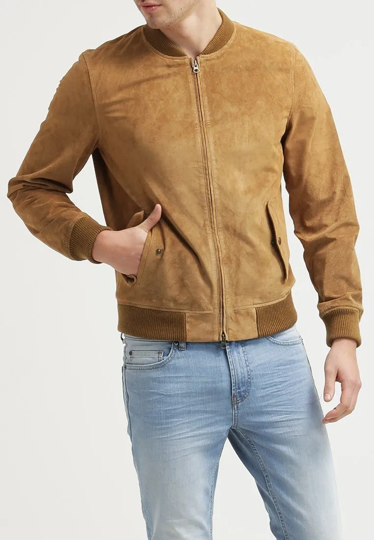 Men's TAN Suede Leather Jacket Slim fit Biker Motorcycle Bomber Casual Jacket