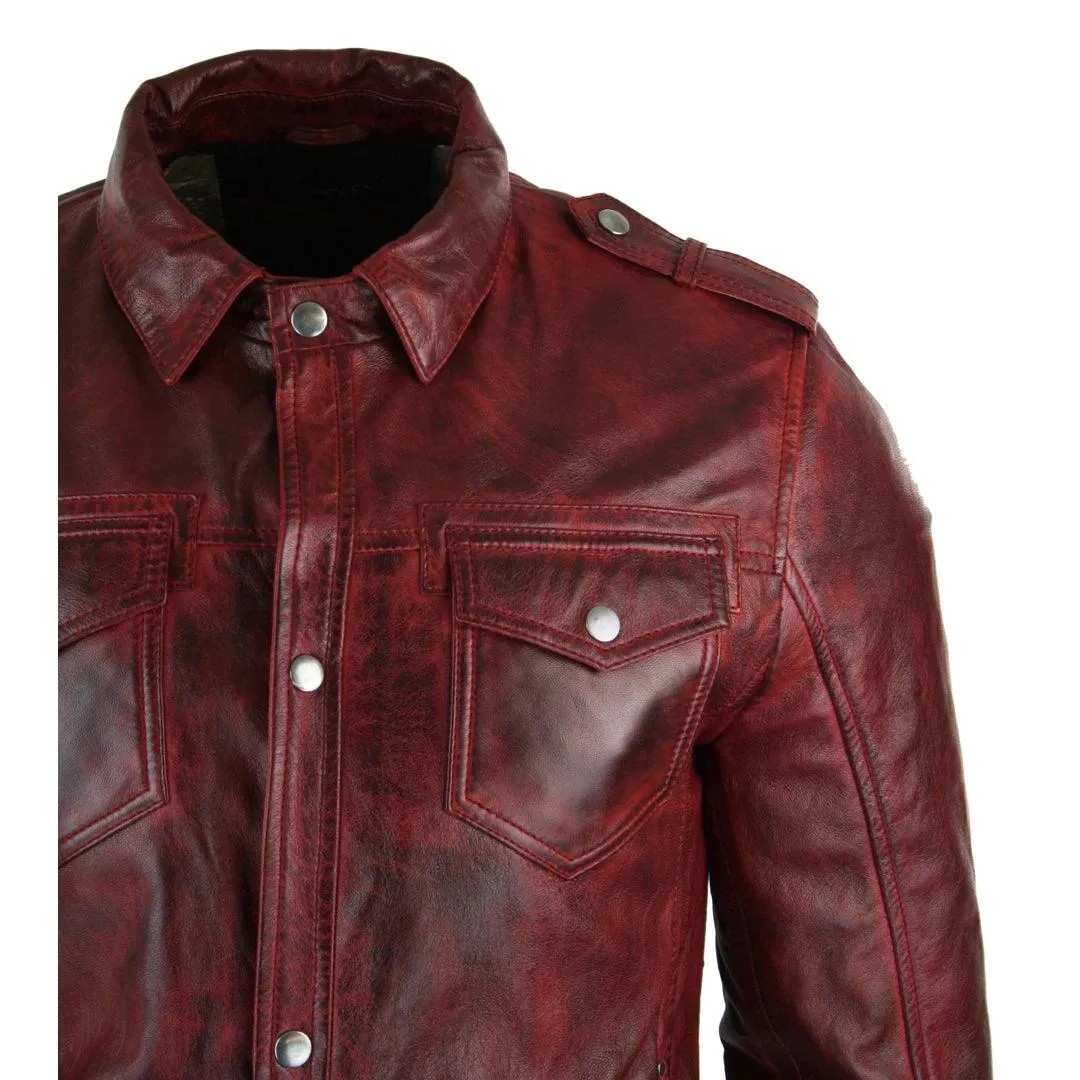 Mens Tan Timber Wine Red Washed Slim Fit Shirt Jacket Retro Smart Casual Genuine Leather