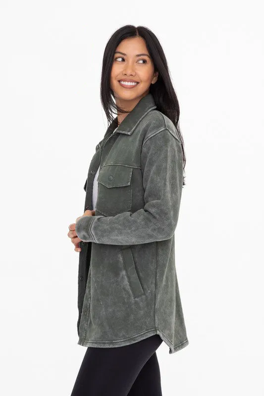 Mono B Forest Green French Terry Snap Button Shacket