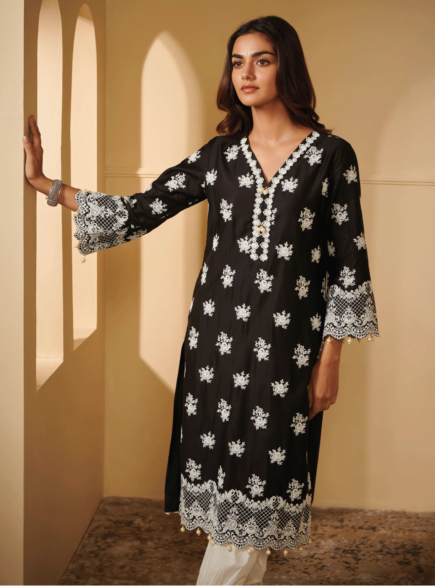 Mulmul Pima Satin Penna Black Kurta