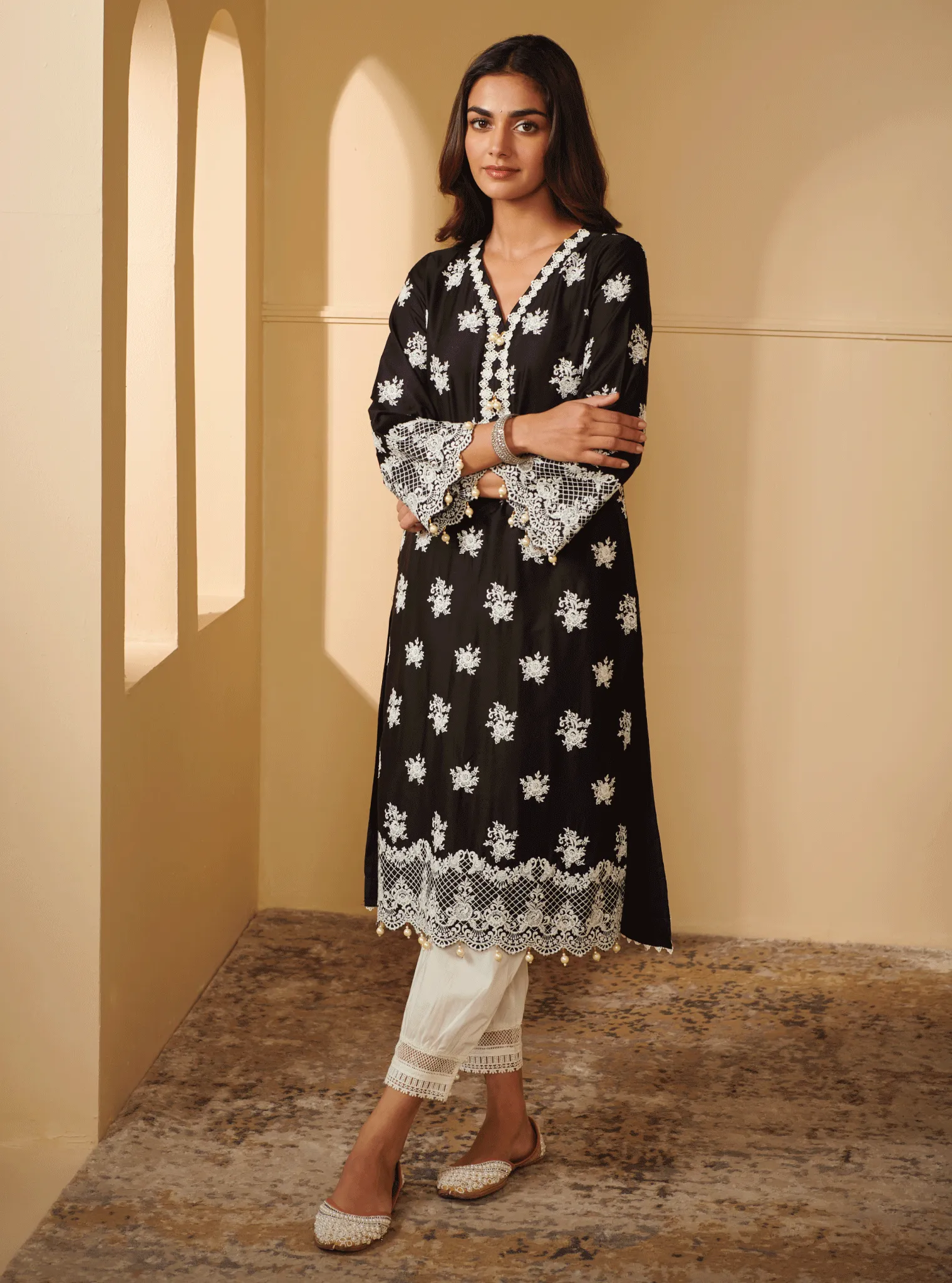 Mulmul Pima Satin Penna Black Kurta