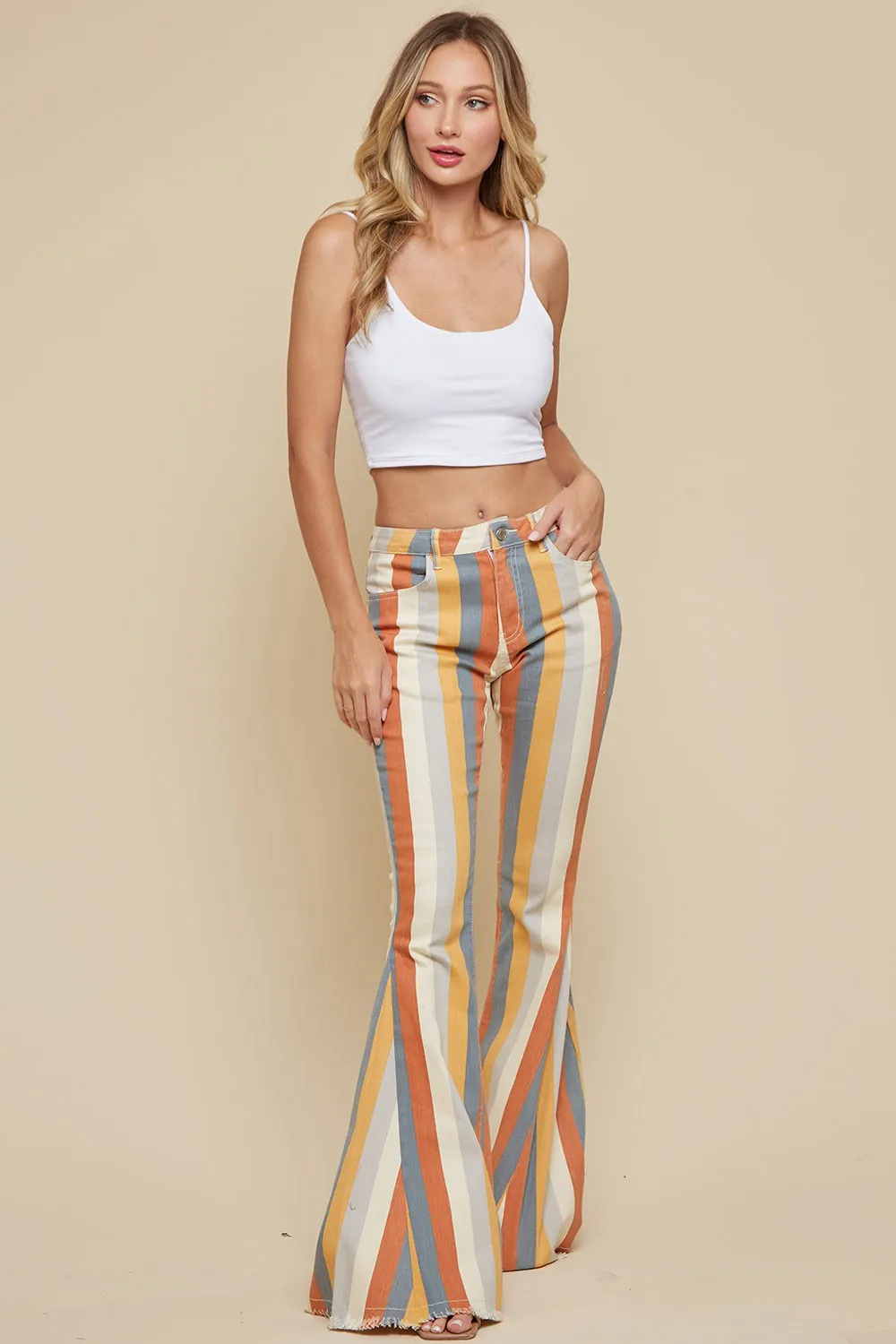 MULTI STRIPE DISTRESSED DENIM FLARED PANTS