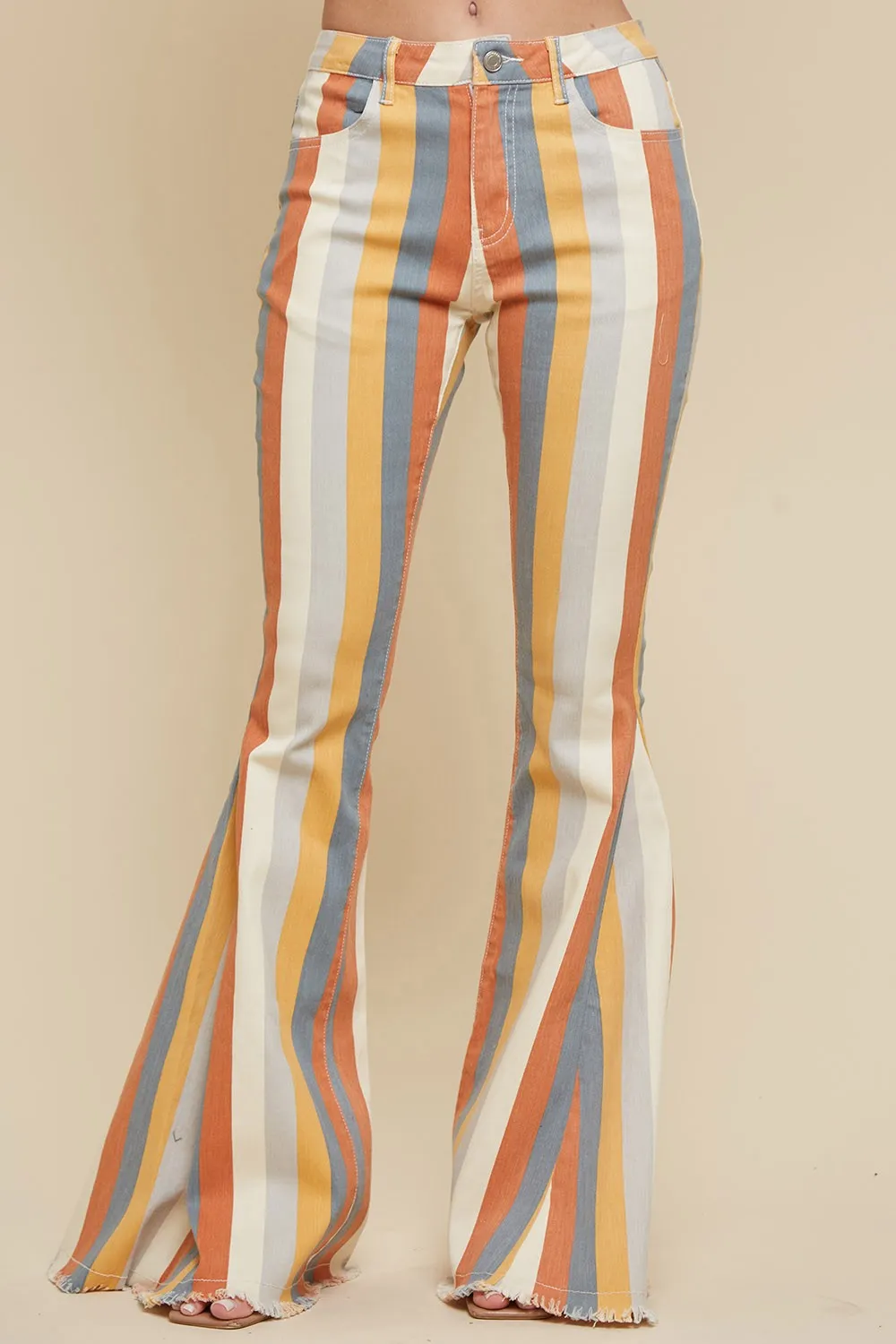 MULTI STRIPE DISTRESSED DENIM FLARED PANTS