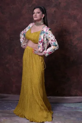 Mustard Yellow Indo-Western Lehenga Choli with Multi Color Digital Print Jacket.