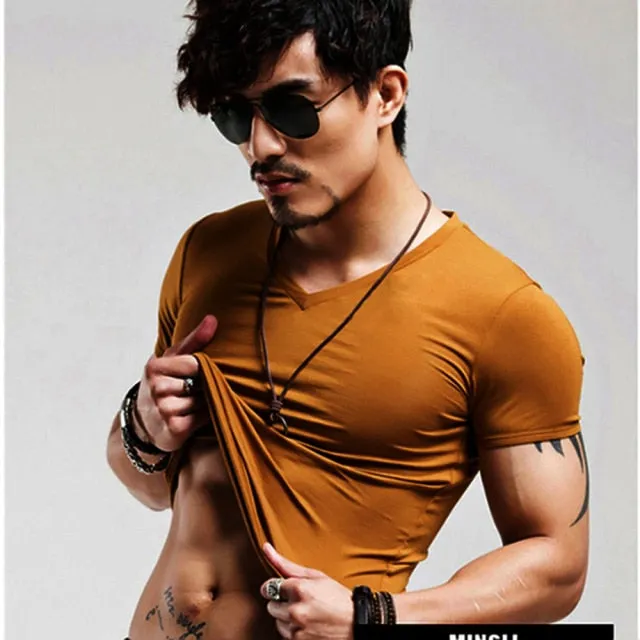 New Tops Men T Shirt Fitness T-shirts Mens V neck Man T-shirt For Male Tshirts M-4XL Plue Size B0667