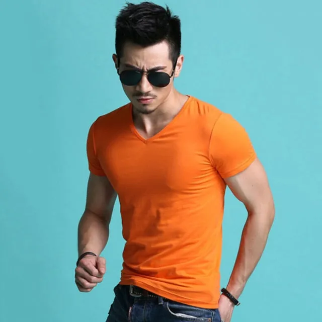 New Tops Men T Shirt Fitness T-shirts Mens V neck Man T-shirt For Male Tshirts M-4XL Plue Size B0667