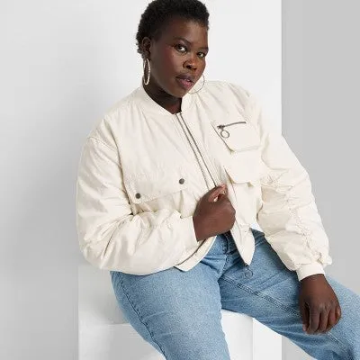 New - Women's Cargo Utility Cropped Bomber Jacket - Wild Fable Off-White XXL