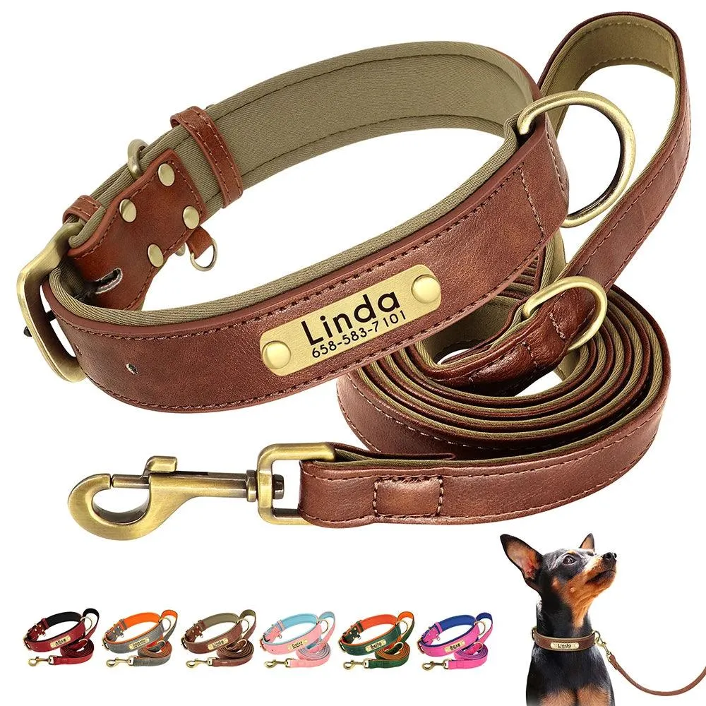 Personalized Leather Dog Collar Leash Set