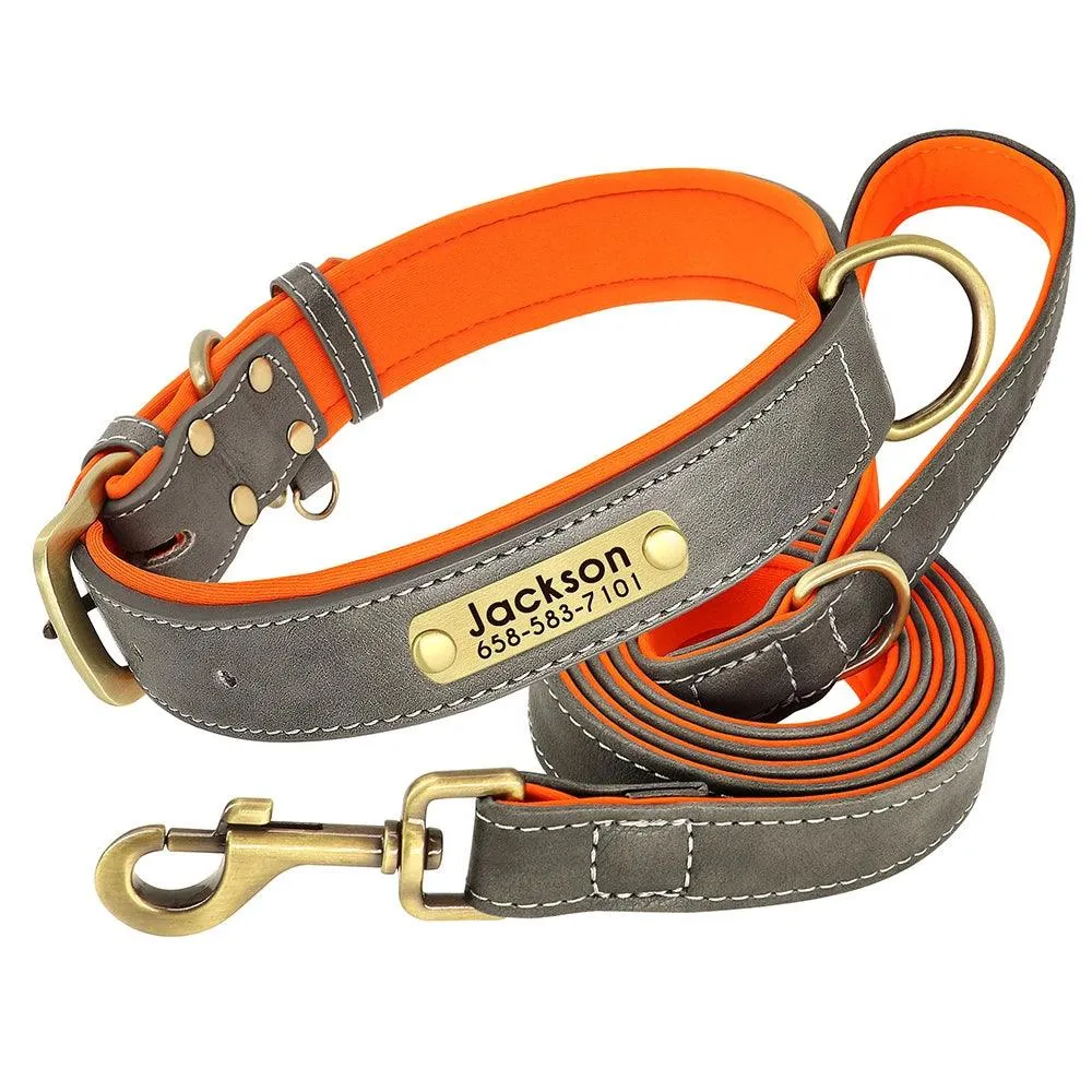 Personalized Leather Dog Collar Leash Set